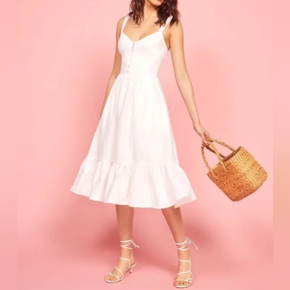 Reformation Dolci 100% Linen White Corset Dress Ruffle Hem Sleeveless Midi 4 - Picture 2 of 13